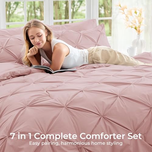 Image of Sasttie Queen Comforter Set, 7-Piece Bed in a Bag, Pintuck Bedding Sets for All Season, Includes Comforter, Flat Sheet, Fitted Sheet, Pillowcases and Pillowshams, Rose Gold