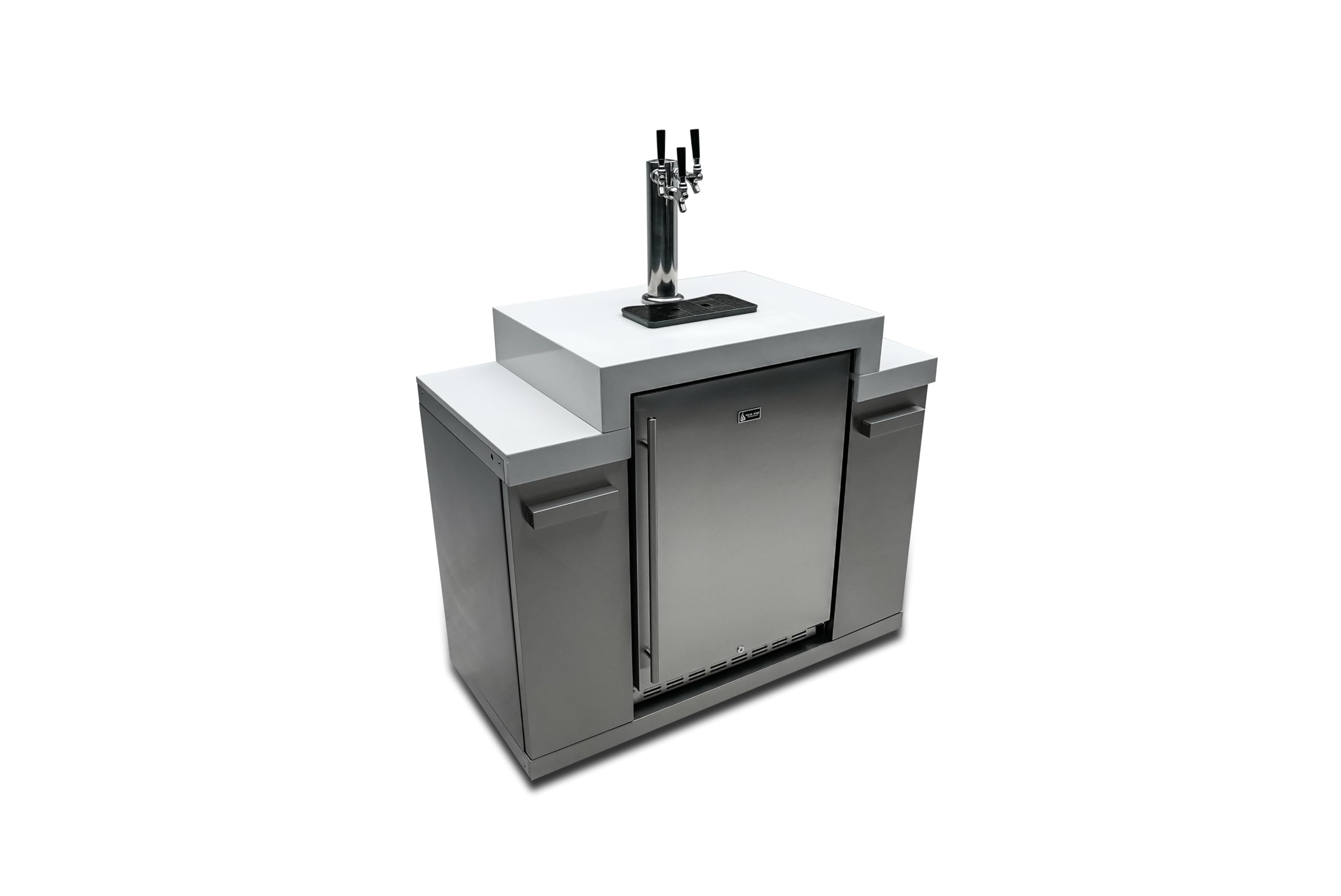 Mont Alpi Stainless Steel 48"W x 23"D x 55" H Premium Outdoor Kegerator 3-tap Draft Keg Beer Dispenser Refrigerator Module with Digital Display and Drip Tray plus White Granite Countertops and Storage on Fridge.com