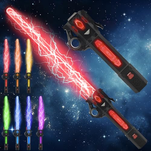 Light Up Sword Flashing Dueling Sabers for Kids with FX Sound Retractable Blade 7 Light Color War Warriors Weapon Toy Cool Halloween Cosplay Costume Party Decoration Christmas Birthday Gift Black