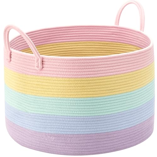 Image of ENAORGAN 70L Rainbow Storage Basket for Blankets in Living Room Baby Kids Woven Rope Toy Basket for Laundry Nursery Hamper Extra Large