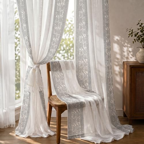 Image of LINENWALAS Decorative Cotton Linen Sheer Curtains 9 Feet for Long Door -Block Printed Door Curtain | Grommet Hanging Style Pack of 2 Panels |Light Filtering Sheer Drapes (Black Bandhani)