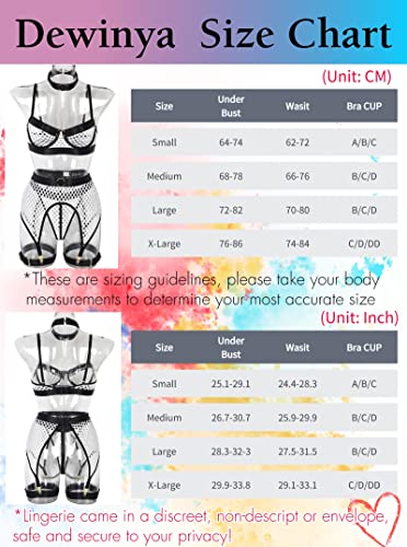 Dewinya Womens 5Pc Fishnet Lingerie Sets - Choker, Underwire Bra, Hight Waisted Garter Skirt, Thong, Leg Straps, White, Large #TOP5