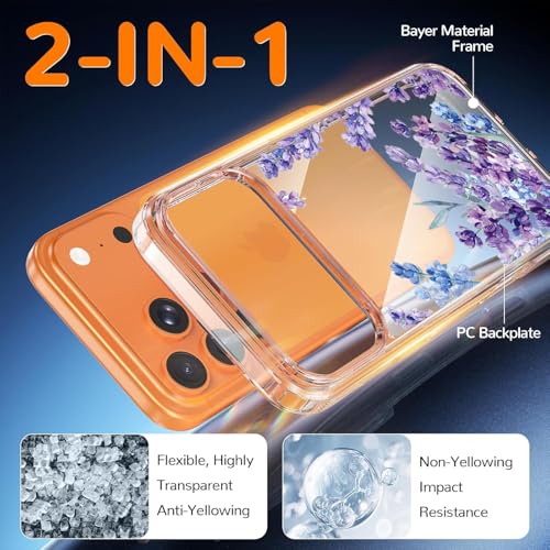 Image of Elzzi Floral Case for iPhone 17 Pro Max, Lavender Flower Clear Phone Case for Women Girls, Cute Aesthetic Purple Botanical Transparent Shockproof Protective Slim Cover (Deep with Leaf)