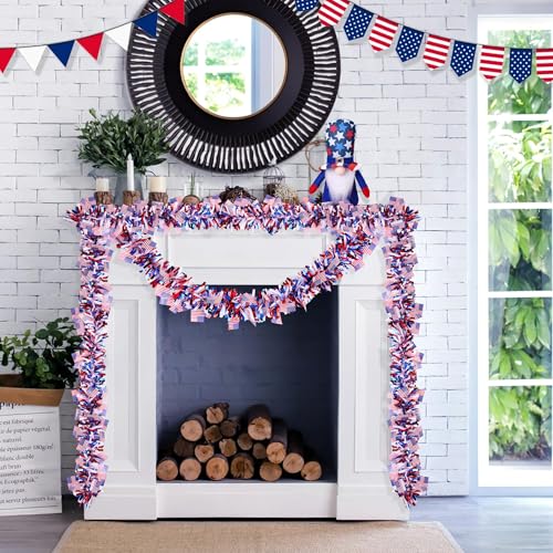 Image of 50FT 4th of July Decorations Red White Blue American Flag Tinsel Garland, Metallic Patriotic Garland for Fourth of July Independence Day Memorial Day Decor Outdoor Indoor Home Party Decor Supplies