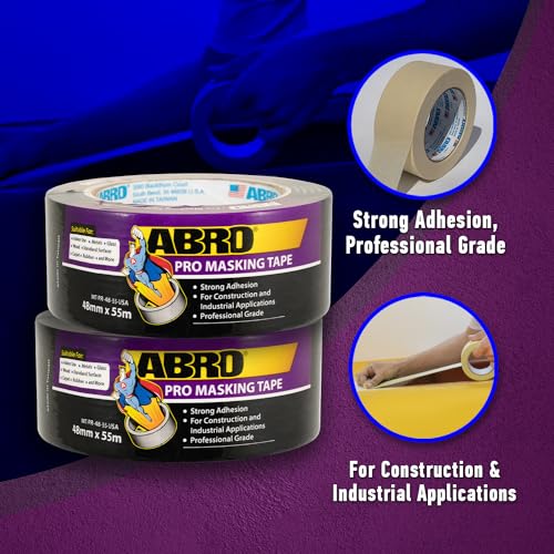 Image of ABRO Masking Tape PRO: 48mm x 55M, All Purpose Natural Masking Tape, Temporary Labeling, Easy Tear, Clean Removal, Painters Tape 2 Inch Wide - Natural