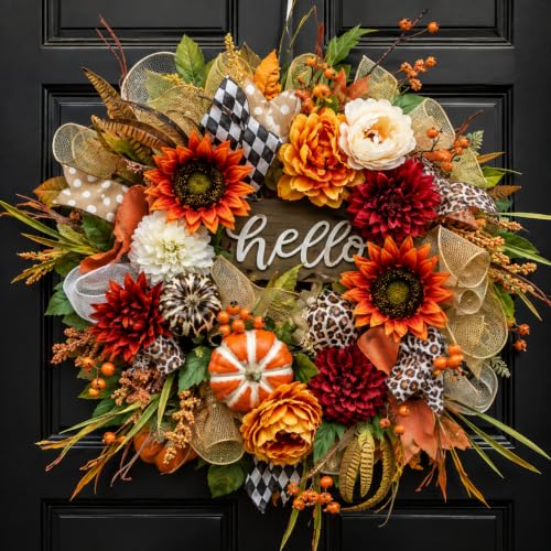 Image of 24 Inch Fall Wreaths for Front Door, Rustic Autumn Wreath with Hello Sign
