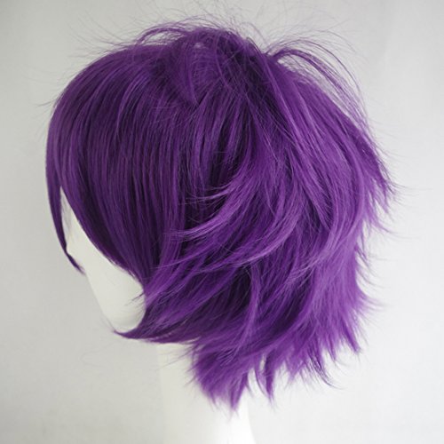 Image of LABEAUTE Short Purple Anime Wig Male Men Anime Fluffy Lavender Cosplay Wigs With Bangs Unisex Heat Resistant Hair for Party Halloween + Free Cap