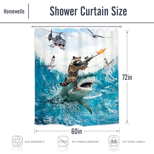 Image of Funny Raccoon Riding Shark Shower Curtain Ocean Waves 60Wx72H Inch Decor