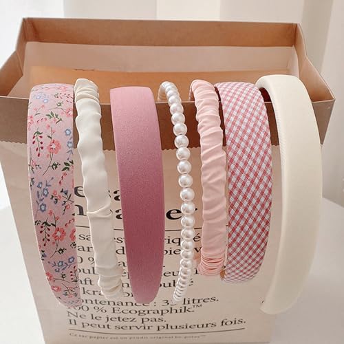 Teouuas Lot de 7 Pièces Serre Tete Femme, Différents Modèles, Serre-Tête en Plastique, Bandeaux en Perles, Tendance - Vintage, pour Filles et Femmes (Rose)