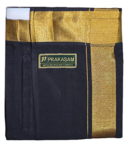 Image of PRAKASAM COTTON Velcro Pocket Dhoti for men, 2 inch Jari Border Mundu, Readymade Dhoti for men, South Indian Veshti