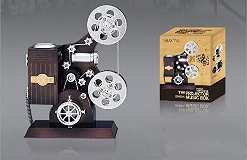 Wind up Music Box Vintage Look Music Box with Jewelry Box - Table Desk Decoration and Gift (Movie Projector, Brown)