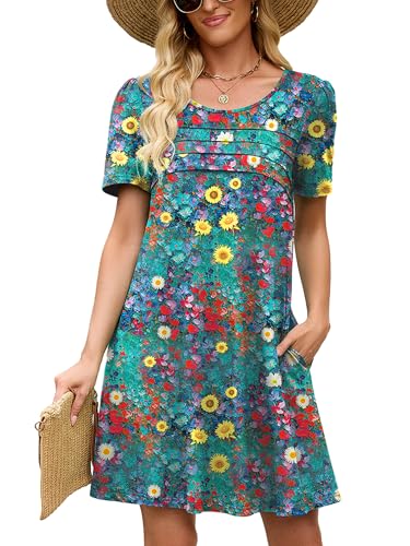 Image of Heymoments Women's Short Sleeve Crewneck Sundress Summer Casual A-Line Beach Dress with Pockets S-2XL