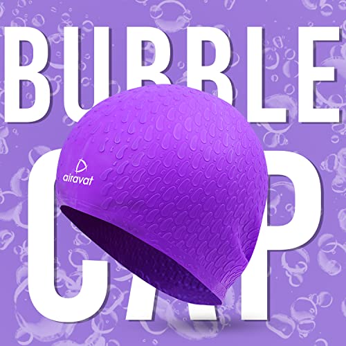 Image of Airavat Swim Bubble Cap, Silicone Swim Cap, Comfortable Bathing Cap Ideal for Curly Short Medium Long Hair, Swimming Cap for Women and Men (Purple)