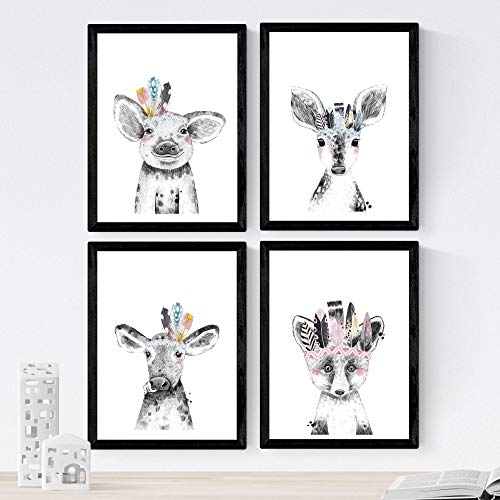 Set de 4 láminas de Animales Infantiles Con Plumas De Colores ,en tamaño A4, Poster papel 250 gr alta calidad. Sin Marco