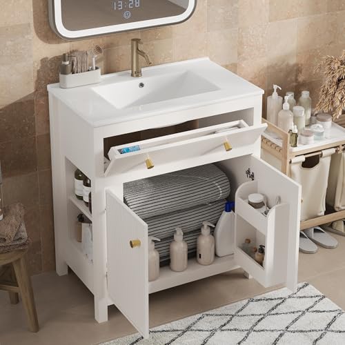 Ktipm Mueble de Baño con Lavabo y Almacenaje, Armario Baño con Caja Tapa Abatible y 2 Puertas, Mueble Auxiliar Baño con Estante, Lavabo con Mueble, 81x46.5x86.5 cm, Blanco