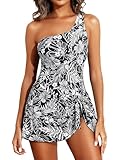 Tempt Me Women Black Flower One Piece Swim Dress One Shoulder Swimsuit with Skirt Tummy Control Swimdress Bathing Suit M