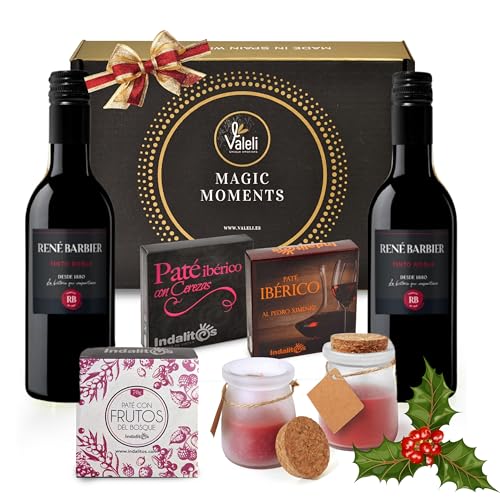 Valeli,Cesta gourmet para regalar.Pates ibérico, frutas del bosque. Vino 2 botellas 0,25cl y velas.Regalo original dia del padre, dia de la madre (Tinto Roble)