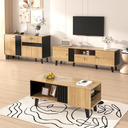 Bladez Ensemble de meubles de salon 3 pièces avec éclairage LED, armoire TV, buffet et table basse, aspect bois noir, design moderne avec espace de rangement...