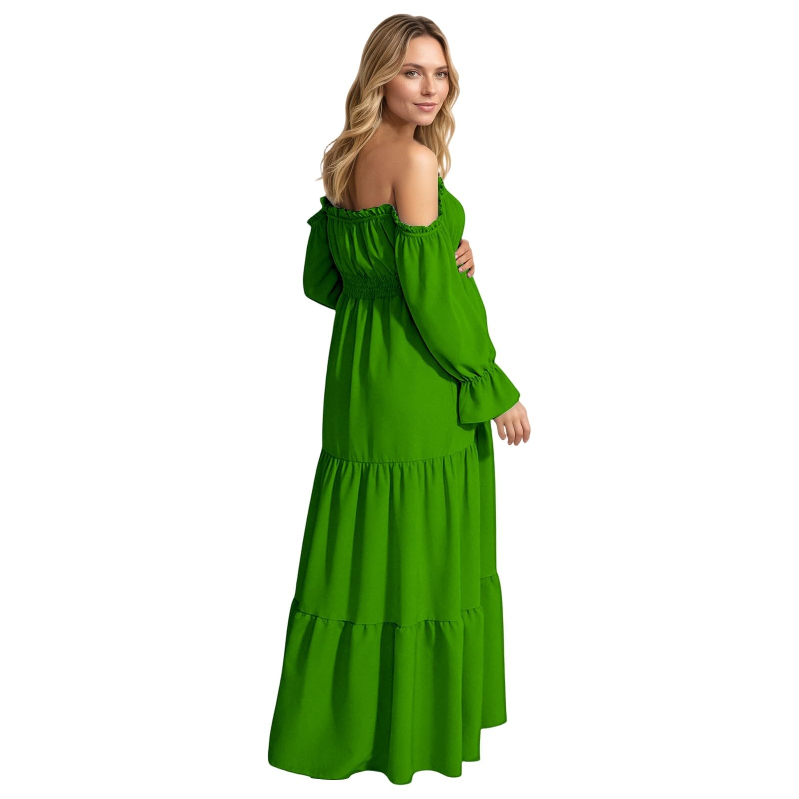 Generisch Sommer Elegantes Umstandskleid mit schulterfreiem, langärmeligem Stufenkleid, Seitenschlitz Geraffter, hoher (Green, M)