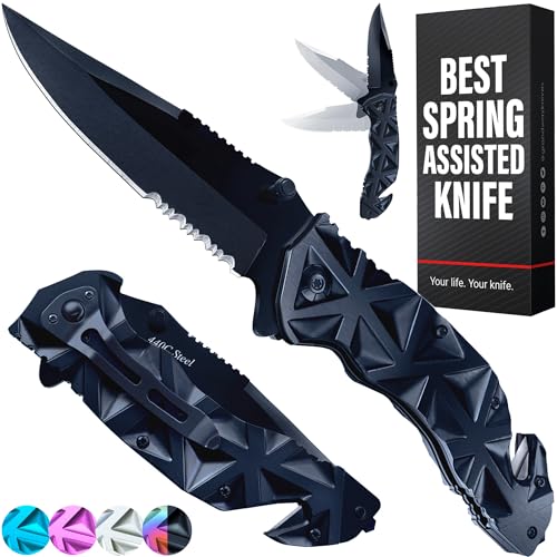 Pocket Knife for Men - Serrated Sharp 3.5' Blade - Tactical Spring Assisted Folding Knives - Hunting Camping with Wire Cutter Glass Breaker - Bike Tools - Multifunction Tool - Best Gift for Men HB 207