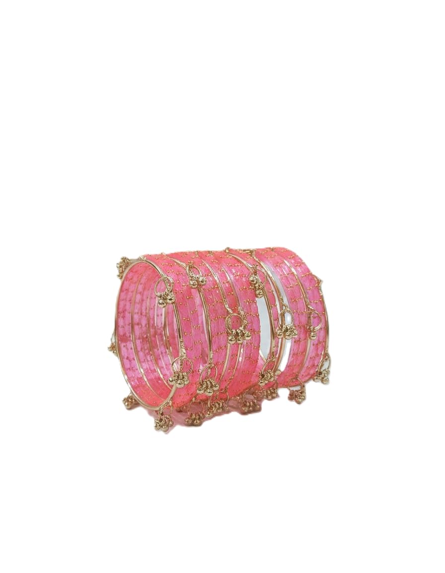 DIVINE GEHNA Pink Glass Bangles with Gold Ghungroo Charm | Traditional Indian Jewellery, Set of Bangles,20 Piece,-image-43