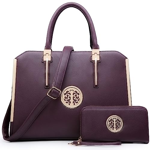 Dasein Women Large Satchel Handbag Shoulder Purse Top handle Work Bag Tote With Matching Wallet (Dark Purple)