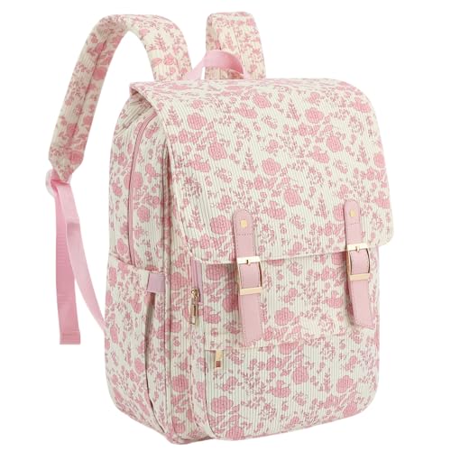 Image of Women Laptop Backpack, Corduroy 15.6 inch Travel Backpack for Work College Business, Teacher Nurse Bag with Large Capacity School Bookbag Bags for Girls - Flowers Pink