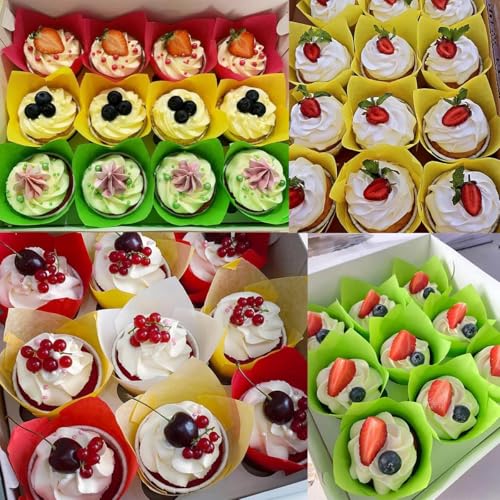 Image of 150 Pieces Tulip Cupcake Muffin Liners Paper Baking Cups Greaseproof Cupcake Wrappers for Birthday Wedding Party Baby Showers Catering Restaurants(Red /Green /Yellow)