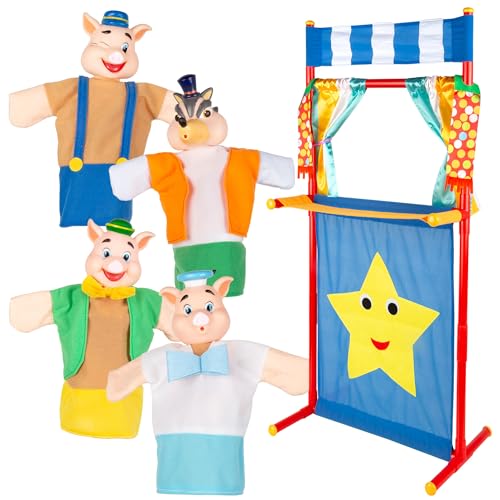 ColorBaby Cucu Show Set Teatro Marionetas 25 cm Los Tres cerditos, 4 títeres Personajes del Cuento, Materiale Suave y Seguro, Juguetes Infantil, para Jugar en Grupo o Pasar Tiempo en Familia (39169)