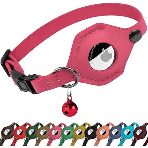 Breakaway Leather Airtag Cat Collar with Bell - Soft Pet Collar with Apple Air Tag Holder - Adjustable GPS Collars for Girl Boy Cats Kitten Puppy - Lightweight and Cute (Pink) Cover