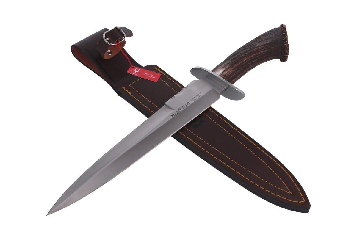 Muela Cuchillo BEAR-24S hoja de acero ACX-380 de 24,5 cm y empuñadura de asta de ciervo para Caza, Pesca, Supervivencia y Bushcraft Realizado en Ciudad Real + Portabotellas de regalo