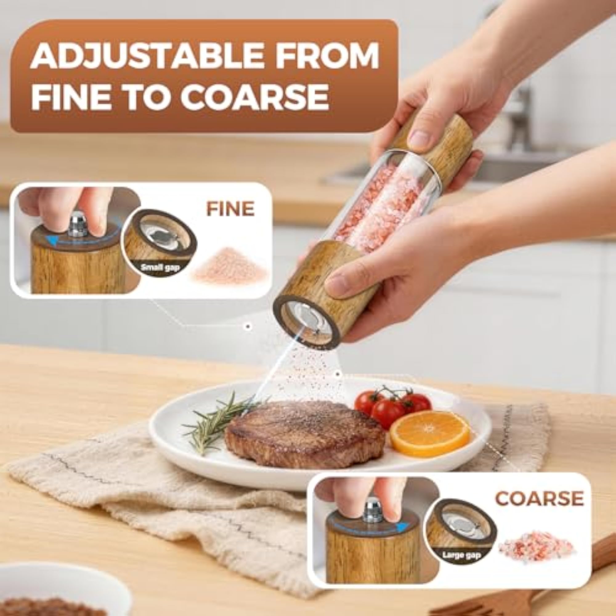 2-Pack Wooden Salt and Pepper Grinder Set, 8 Inch Manual Adjustable