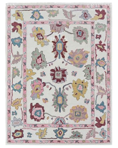 Handmade Decorative Area Rug – Cream Floral & Geometric Design with Pink Border, Premium Traditional Carpet for Living Room, Bedroom & Home Décor 9x12 Feet, LE-129