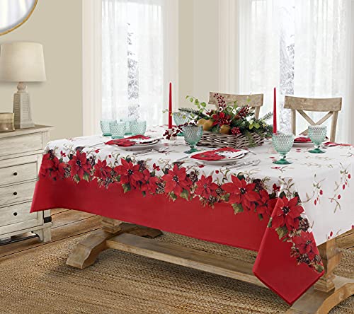 🔥 Newbridge Blooming Poinsettia’s Double Bordered Christmas Fabric Tablecloth, Traditional Red and White Poinsettia Print Easy Care, Stain Release Tablecloth, 60 Inch x 144 Inch Oblong/Rectangle