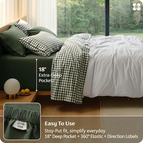 Image of Bedsure PureWoven Gingham Sheets 100% Washed Cotton King, Olive Green, 6PCS