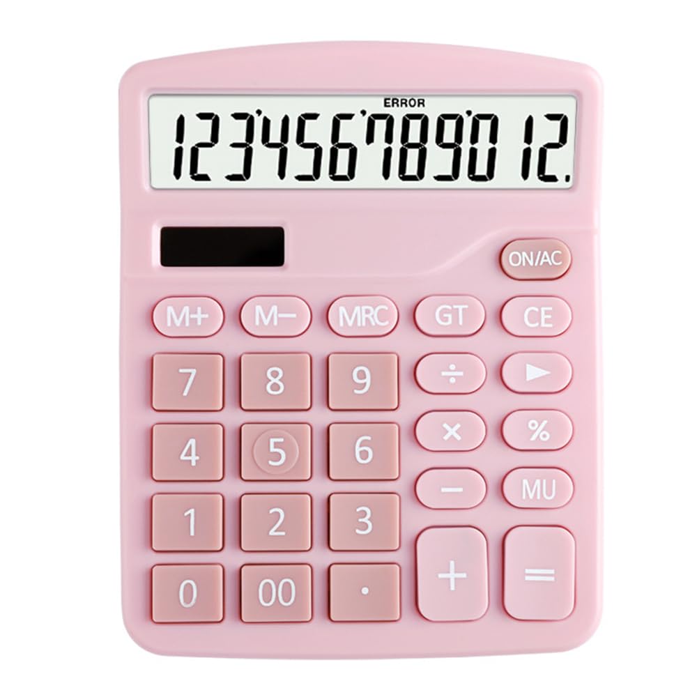 Desktop Calculator, 12 Digit Dual-Power Solar Battery Portable Standard With Large Display for Home, School, Office (Pink)