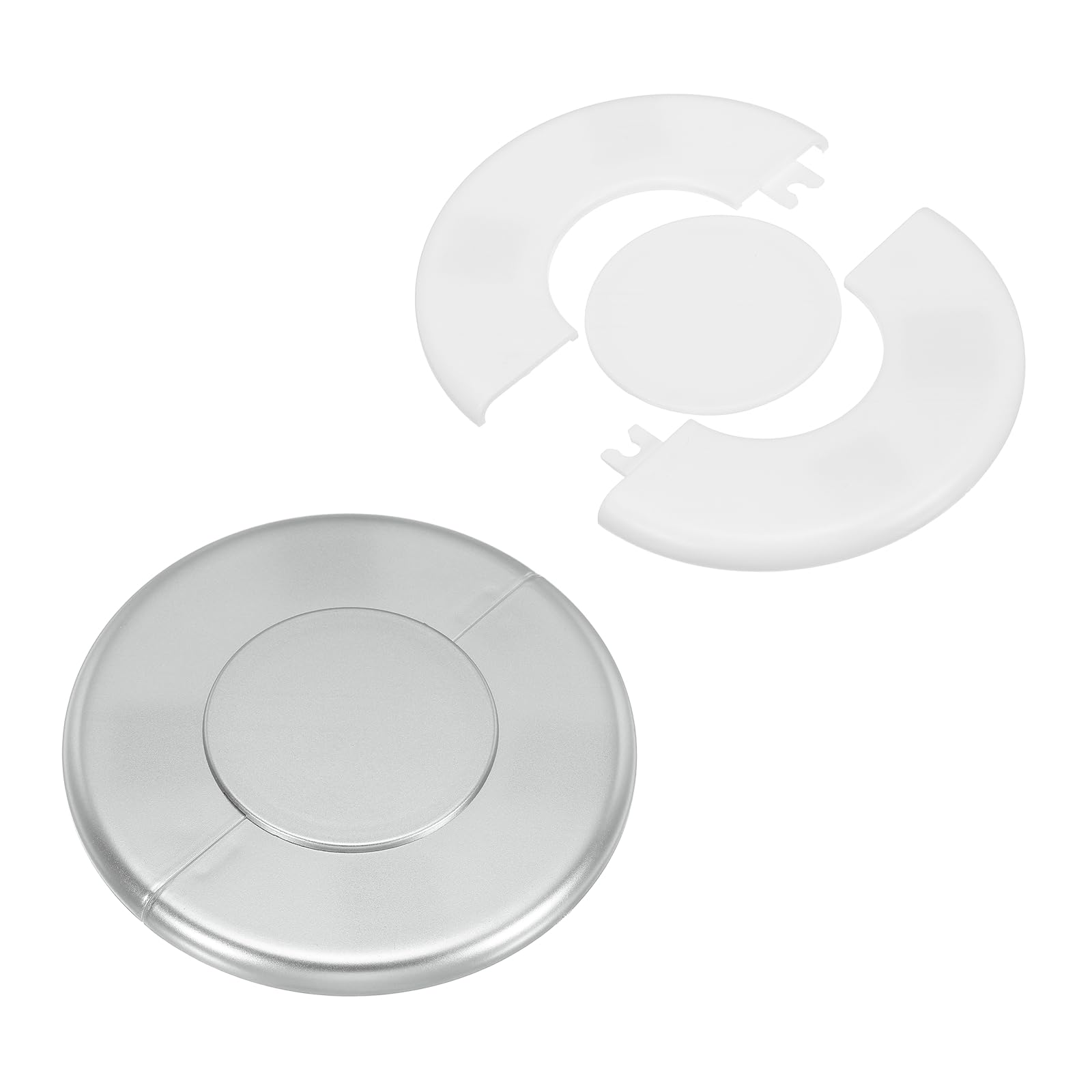 sourcing map 2 Pcs Wall Split Flange, 115mm/4.5" OD Self-Adhesive Escutcheon Plates ABS Round Plumbing Cover Buckles for 51mm Dia Water Pipe Faucet Wall Hole Accessories, White/Silver
