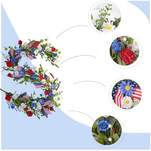 Bibelot 5.9Ft Artificial 4th of July Garland Wreath -Patriotic Garland with Red, White & Blue Daisies, Green Leaves, Berries & Flag Bow for Wall Table Independence Day Memorial Day Indoor/Outdoor