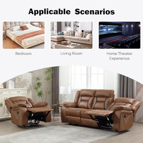 Image of EBELLO Manual Recliner Sofa Set, Faux Leather Reclining Living Room Furniture Set, Included Recliner Chair and 3 Seat Manual Recline Sofa, Brown