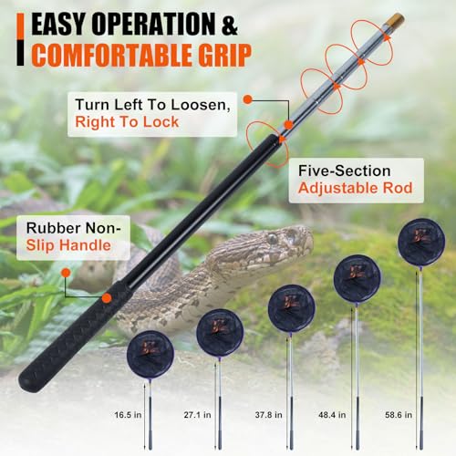 Image of Snake Catcher Net with Secure Drawstring, Rattlesnake Grabber Tool, Reptile Catch Telescopic Pole, 16''-59'' Stainless Steel Extendable Snake Stick&12'' Net Opening for Rattle Snake Removing Catching