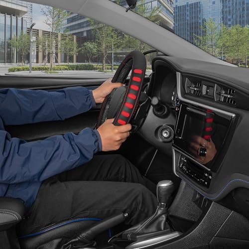 Image of Motor Trend FlexGrip Red Steering Wheel Cover for Cars - Standard 15 inch Car Steering Wheel Cover, Red and Black Steering Wheel Protector for Auto Truck Van SUV