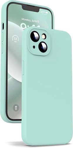DIZORO® Square Edges Candy Liquid Silicone Phone Case Cover Comatible for iPhone 13 All Cube Series with Full Body Protective Microfiber Lining (Mint Green)