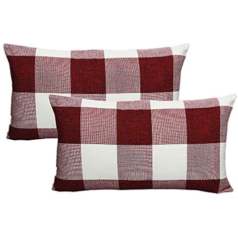 VAKADO 12x20 Inch Pack of 2 Farmhouse Retro Check Plaids Lumbar Throw Pillow Covers Christmas Decorative Cotton Linen Rectangle Cushion Cases for Sofa Couch Car, Red White Cover