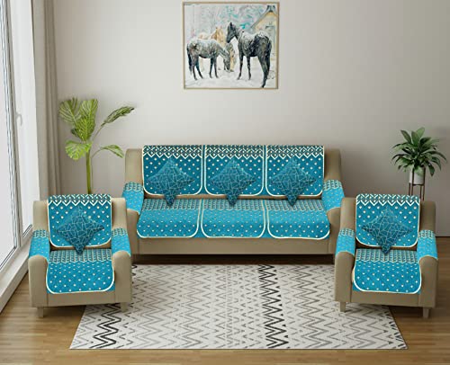 Image of Premium 5 Seater Printed Sofa Cover Set 3,1,1 Seater 10 Pieces Sofa Back Slip Panels, Protector for Single Seater (Sky Blue, 16pcs + coushions)