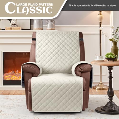 Image of KinCam 100% Waterproof Recliner Chair Cover, Reclining Couch Covers for Pets, Dogs, Recliner Couch Slipcover Furniture Protector with Elastic Straps for Kids(23.6 inch, Ivory)
