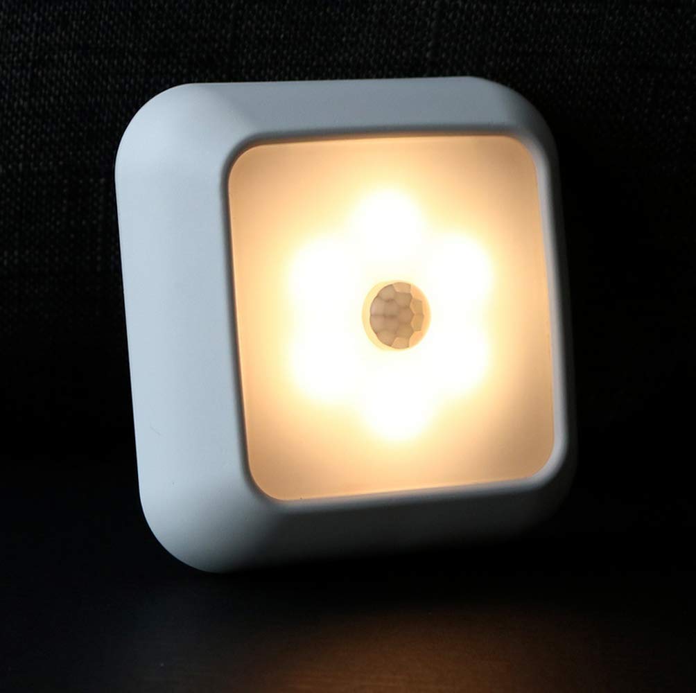 Ausuky White Frame Warm Light Wall Night Light Cabinet Closet Bulb Lamp 6 Leds Motion Sensor Stair Wireless Lamp (White Frame Warm Light)