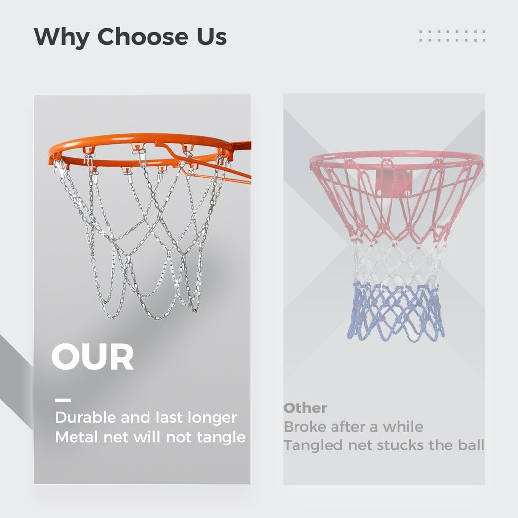 Rostbeständiges Basketballnetz mit Stahlkette, 12 Haken, Metallnetz, robustes Outdoor-Basketball-Zubehör
