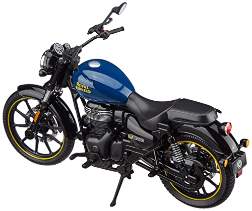 Image of Royal Enfield Meteor Scale Model Fireball Blue, Plastic, Metal Miniature Toy Motorcycle, 1:12 with Steerable Handle Bars, Free Rolling Wheels, Working Rear Suspension, Side Stand, Rear-View Mirrors