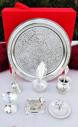 indiancraftsbykanika german silver fully craved pooja thali set of 9 pieces for housewarming/diwali pooja