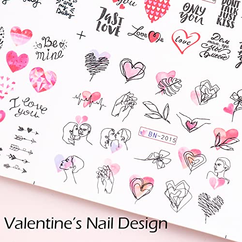 Heart Nail Art Stickers, Valentine's Day Nail Art Decals Love Nail Art Water Transfer Decals Heart Nail Supplies Romantic Miss You Letter Kiss Rose Flowers Design Nail Decorations For Woman Girls Kids #TOP1